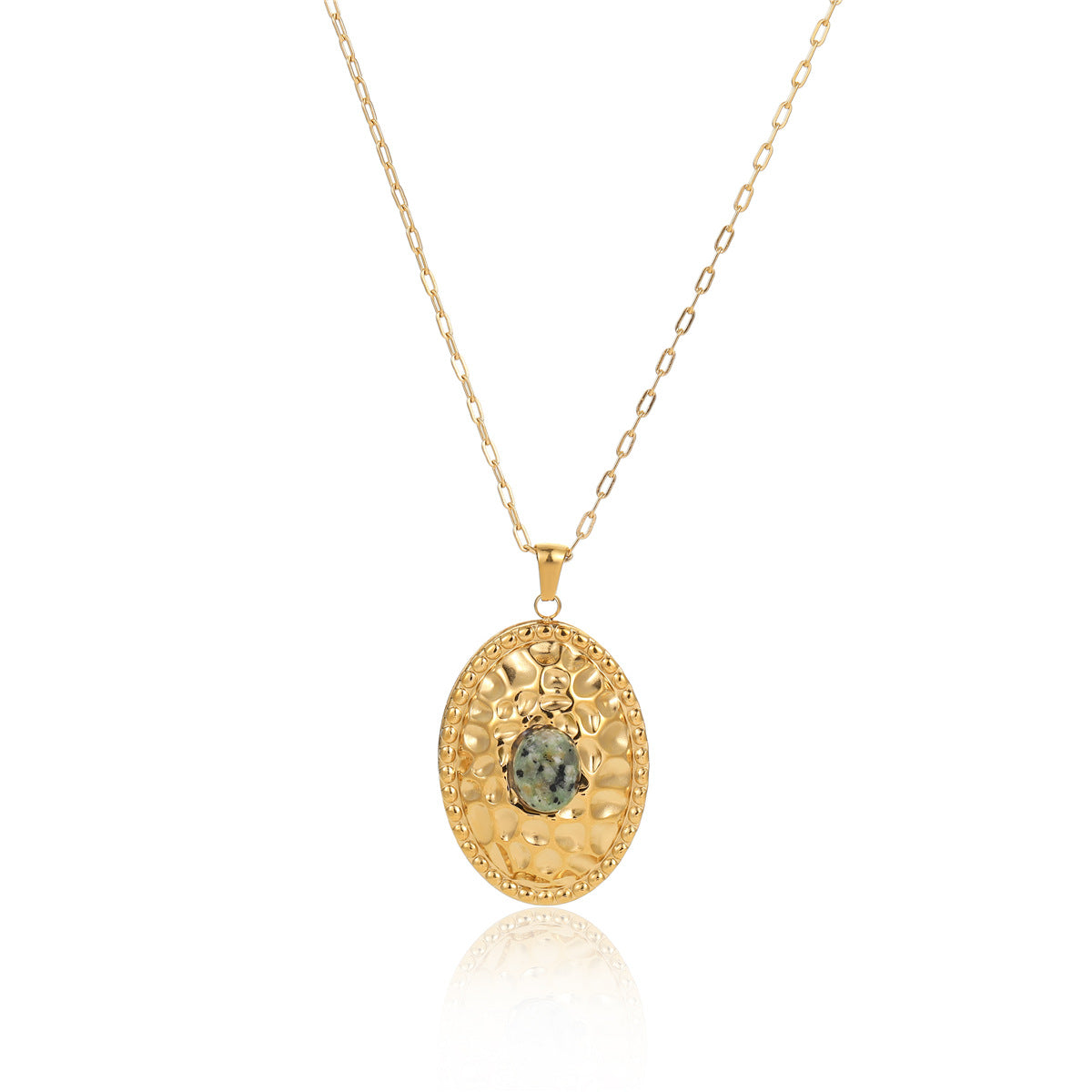 Collana con Pendente Ovale di Pietra Naturale Incastonata, in Acciaio al Titanio Placcato, Stile Trendy per Donna
