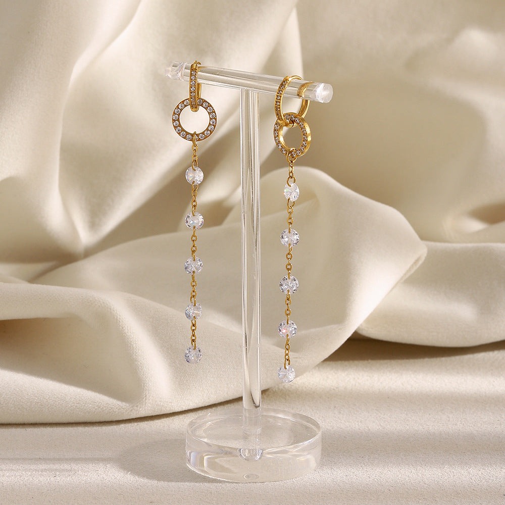 Minimalist Geometric Stainless Steel Earrings with 18K Gold Plating and Zircon Long Fringe for Women