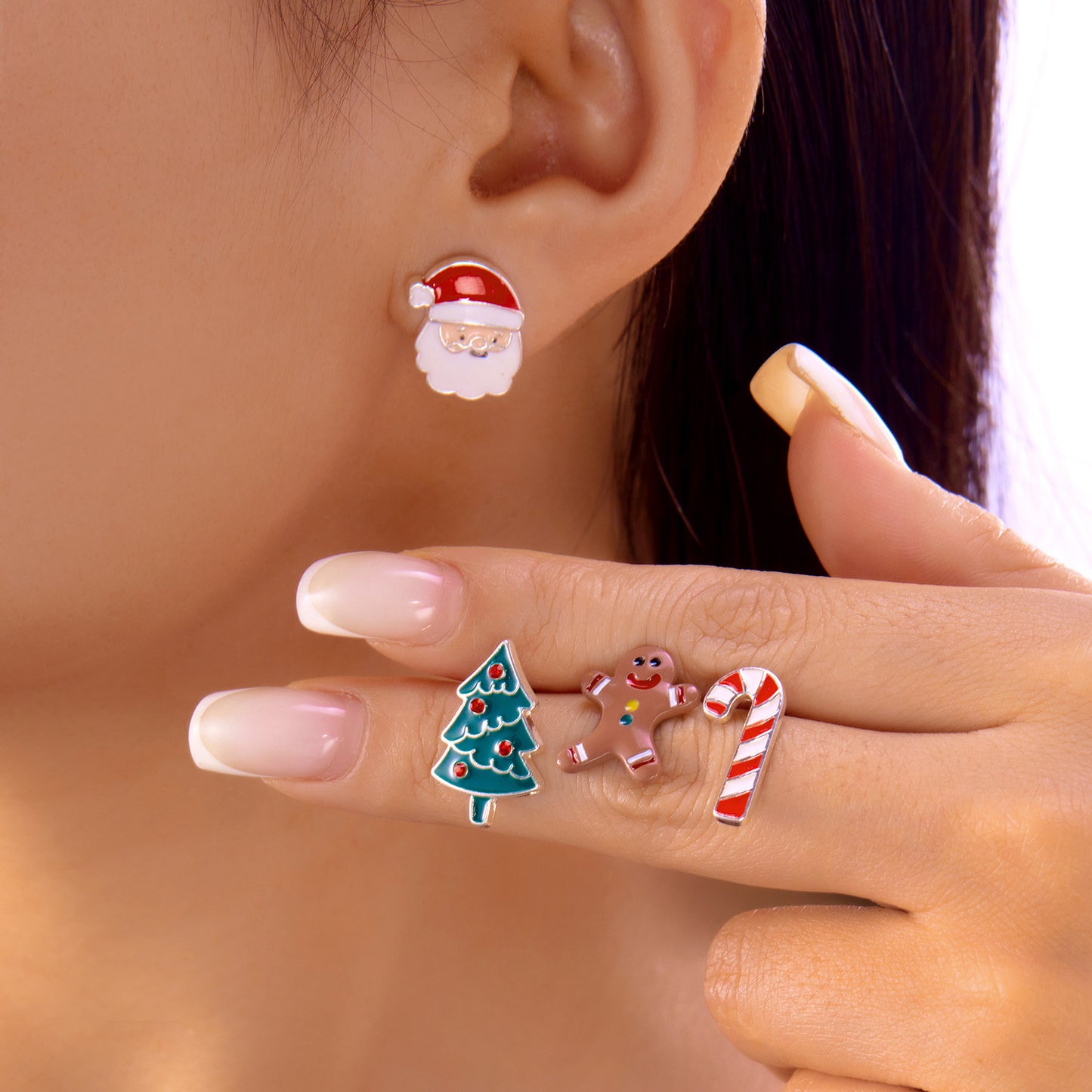 Christmas-Themed Animal-Shaped Alloy Hoop Earrings Set with Santa Tree Cane Gingerbread Man and Reindeer Designs Plated Finish