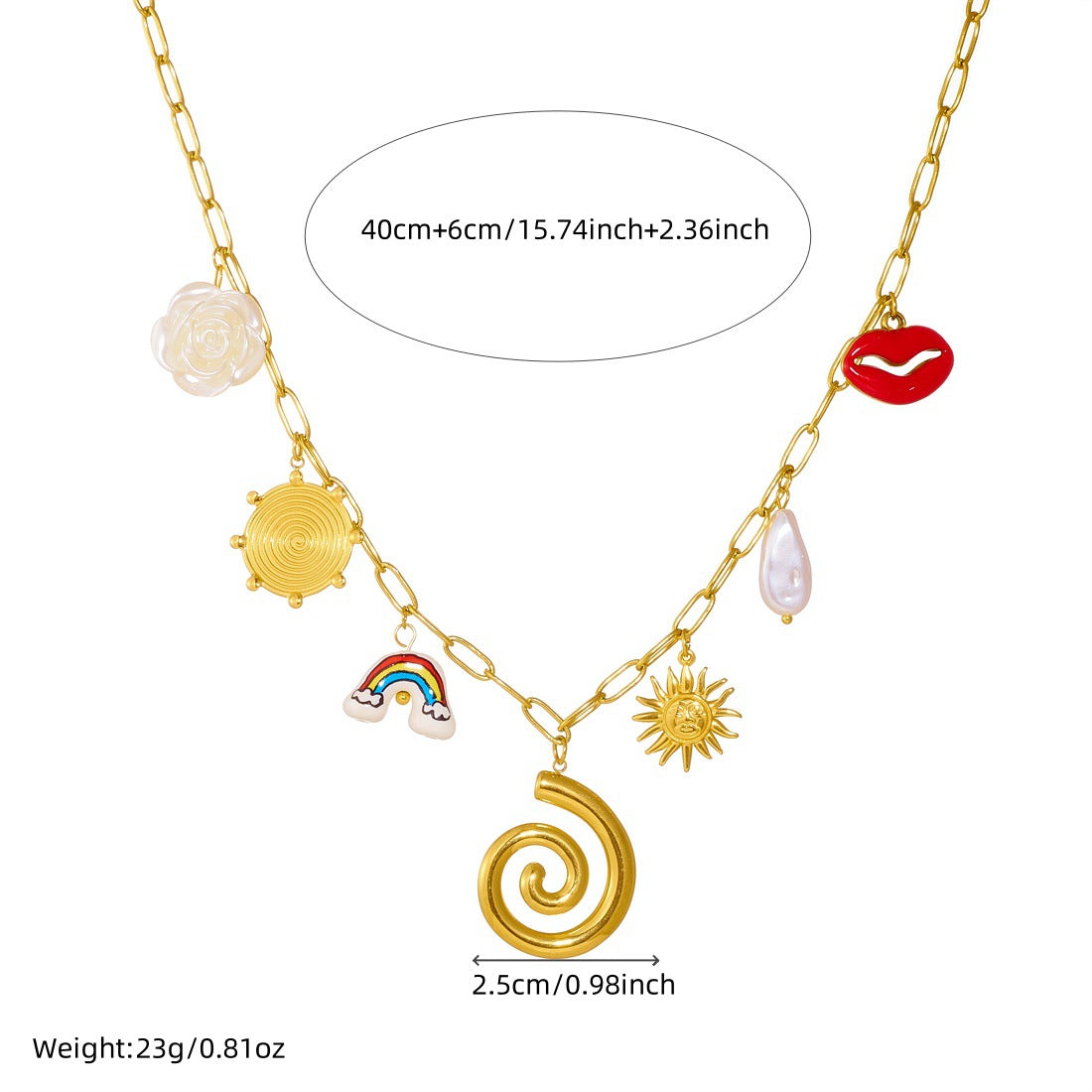 Elegant Geometric Rainbow Ceramic Flower Lips Sun Drip Oil Stainless Steel Necklace with Curb Chain