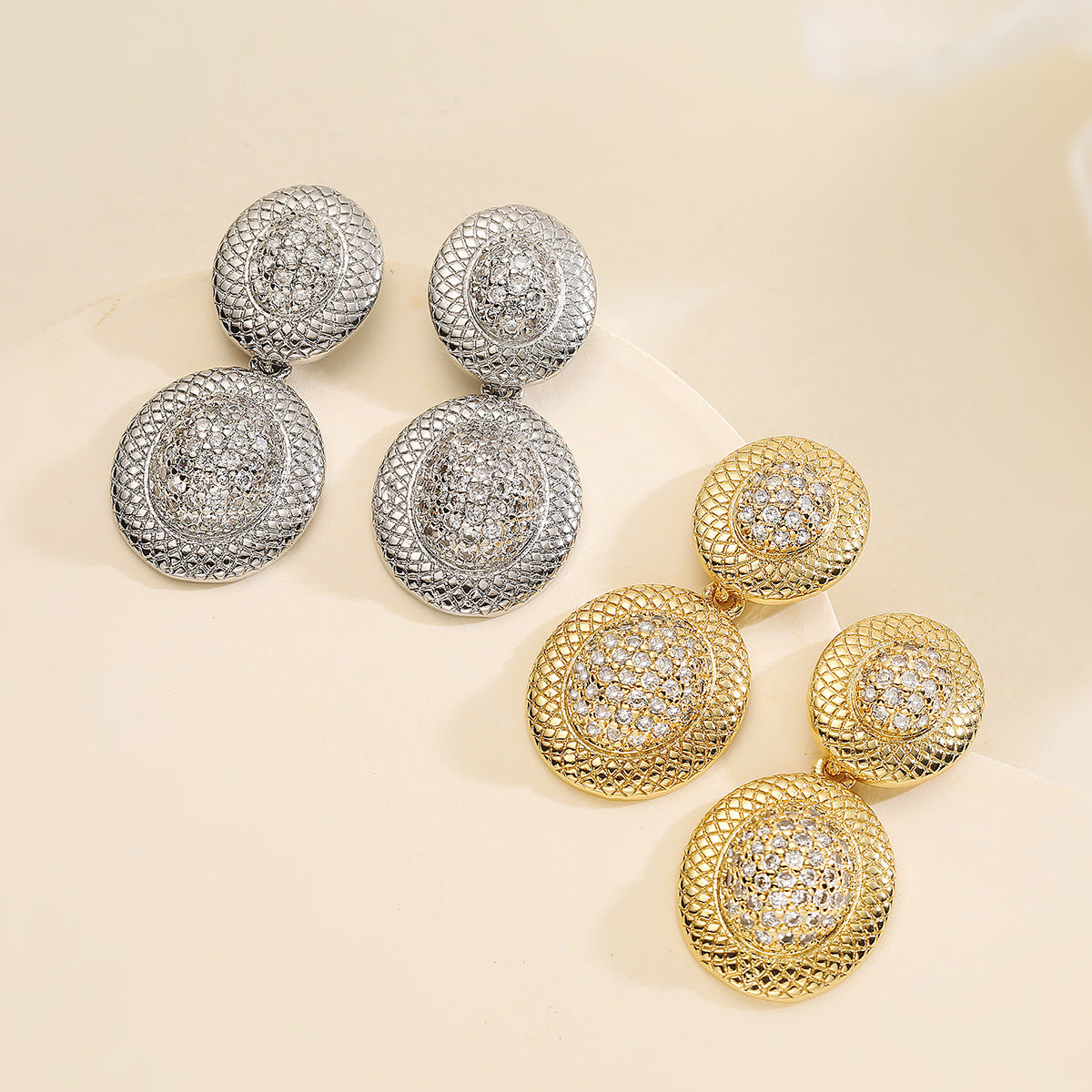 Vintage Geometric Earrings for Women Made of Brass with 18K Gold Plating and Micro-Paved Zirconia, Minimalist Luxury Design