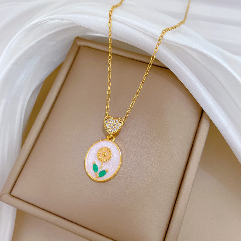 Sweet Elegant Heart Geometric Floral Drip Oil Rhinestone Titanium Steel Necklace for Unisex