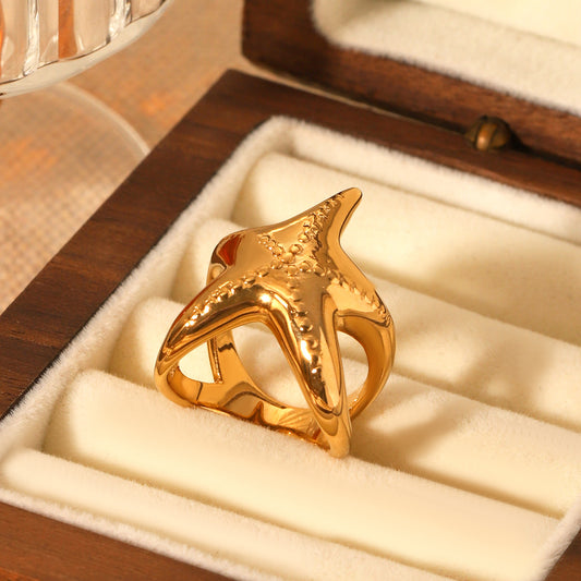 Anillo de estrella de mar de acero inoxidable chapado en oro de 18 quilates estilo INS Ocean para mujer, joyería geométrica de animales fundidos