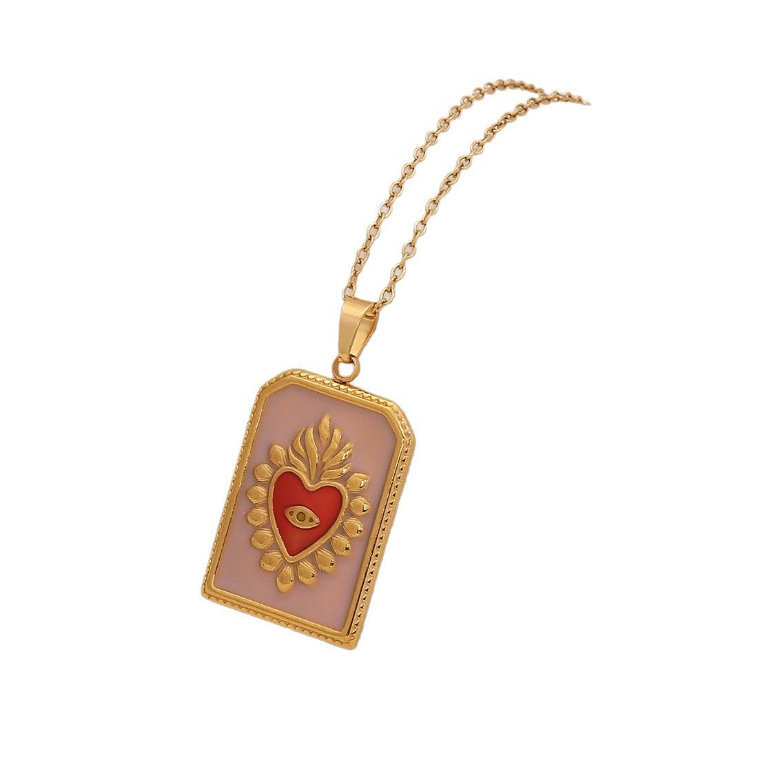 Fashionable Heart-Shaped Tarot Pendant Necklace in Stainless Steel with Enamel Finish for Women