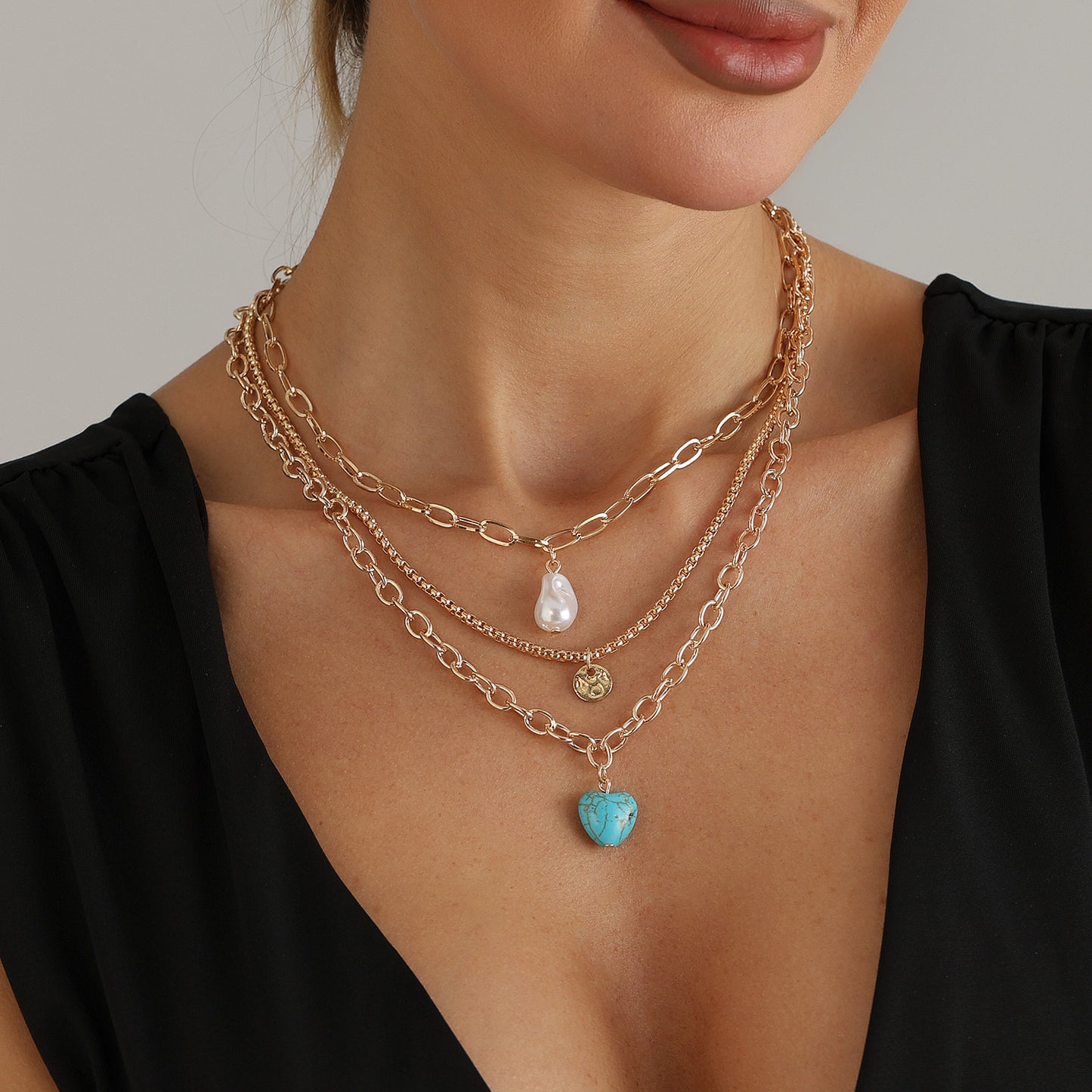 Vintage Heart Geometric Turquoise Inlay Alloy Plated Layered Necklace for Women and Men