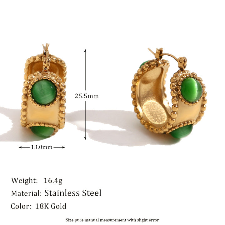 Fashionable Vintage-Style Geometric Stainless Steel 18K Gold-Plated Round Natural Stone Earrings for Women
