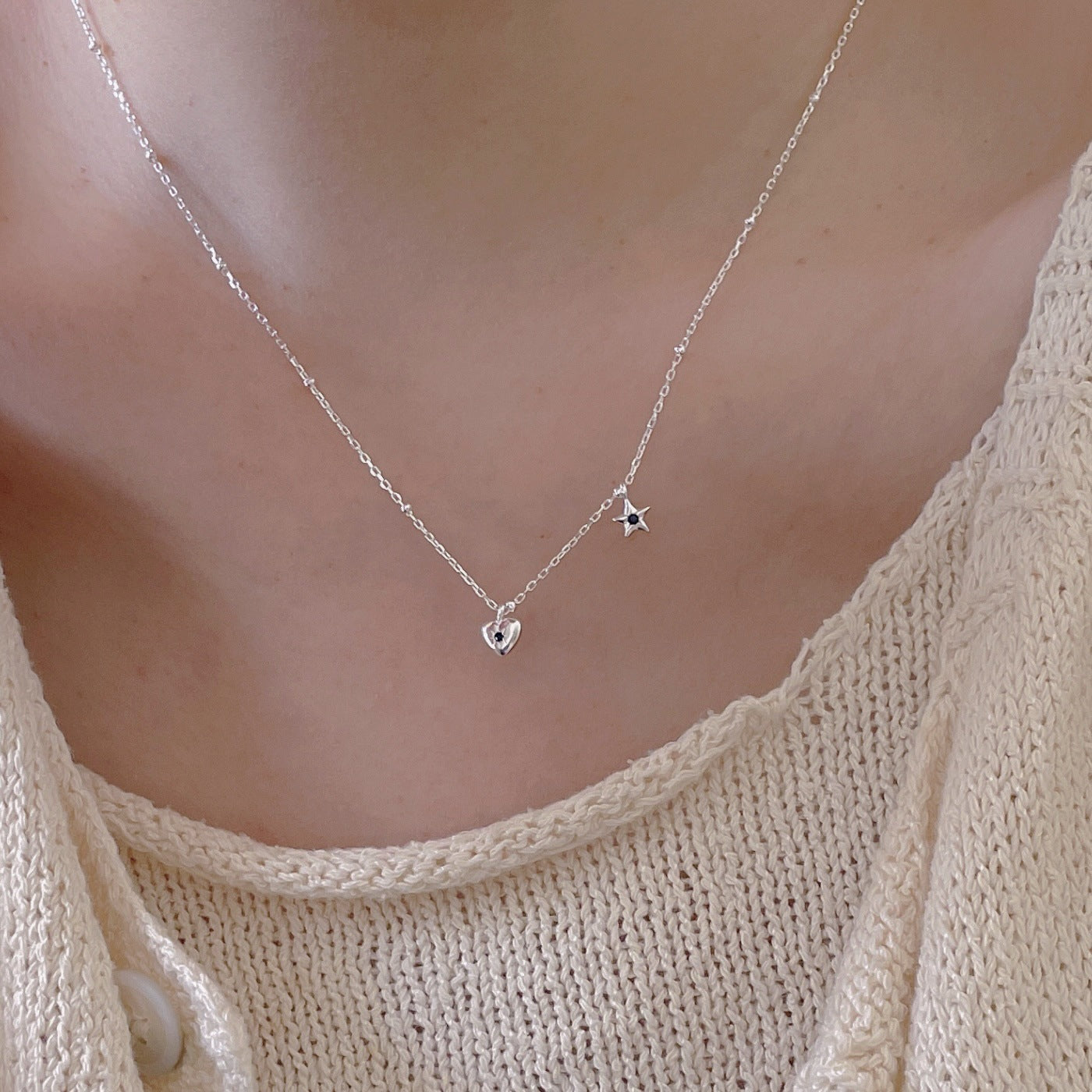 Minimalist Star and Heart Pendant Necklace in 925 Sterling Silver with Beaded Accent on Box Chain