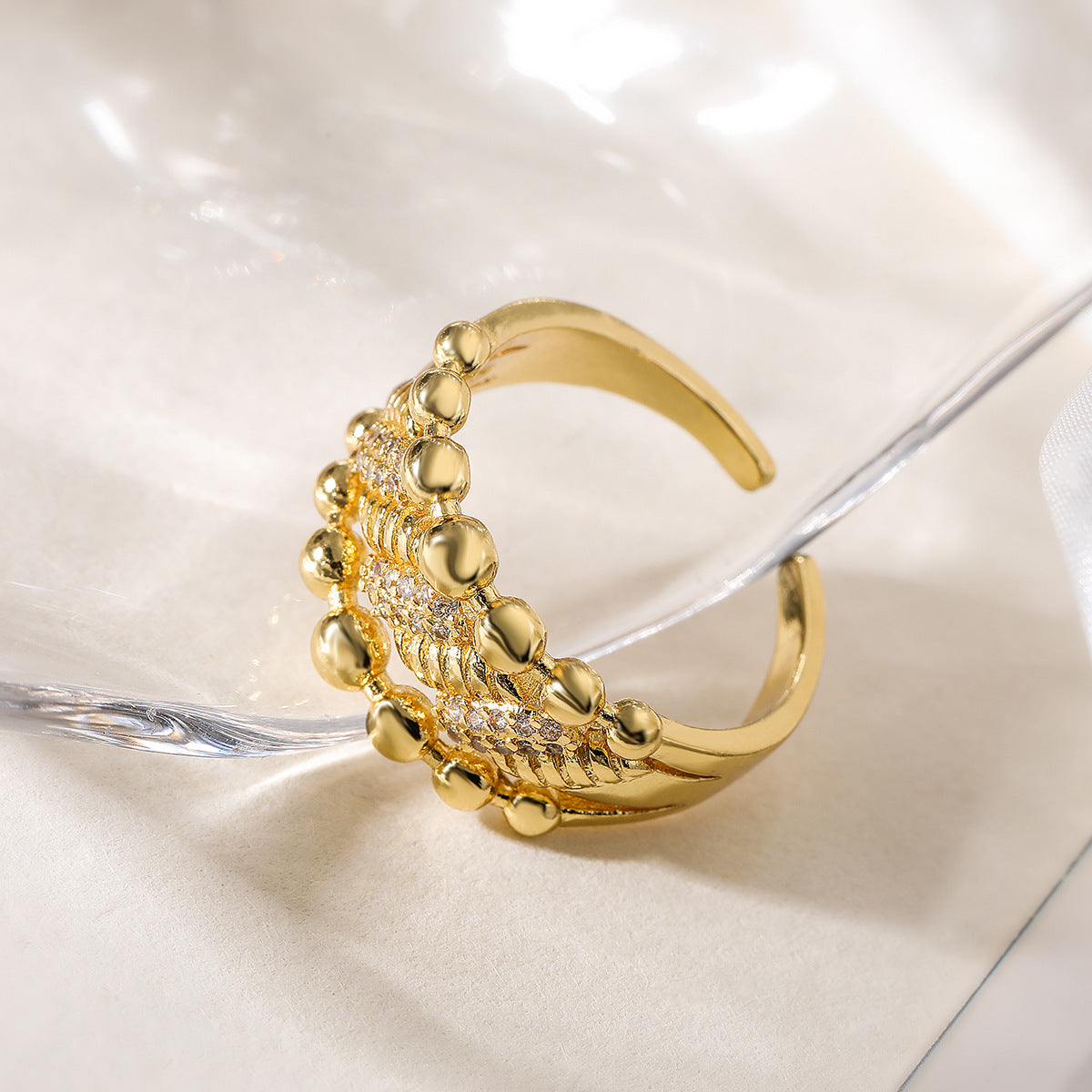 Minimalist Irregular Geometric Copper Ring with Real Gold Plating and Zircon Inlay for Women