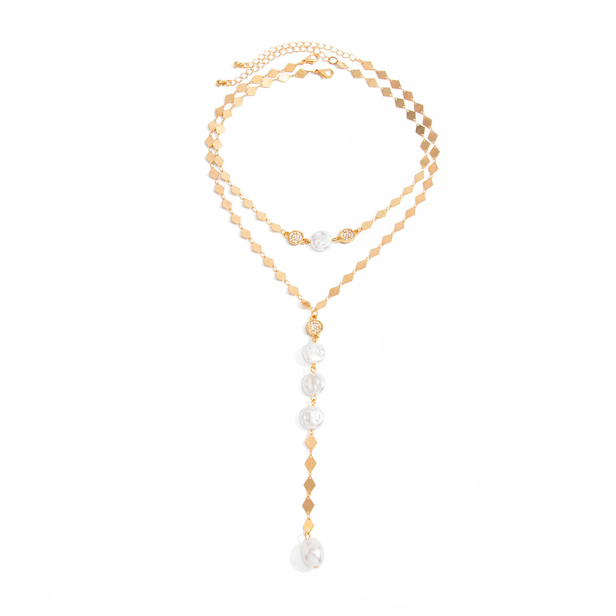 Geometric Rhinestone Faux Pearl Tassel Necklace Brass Plated Cable Chain Women's Jewelry