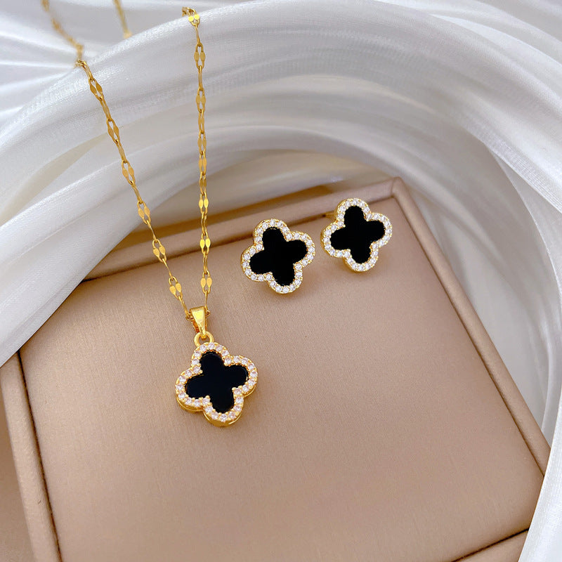 Lucky Clover Necklace and Earrings Set in Titanium Steel with Geometric Design, Electroplated Finish, Fresh and Sweet Style