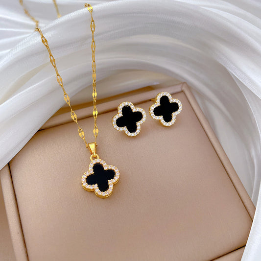 Lucky Clover Necklace and Earrings Set in Titanium Steel with Geometric Design, Electroplated Finish, Fresh and Sweet Style