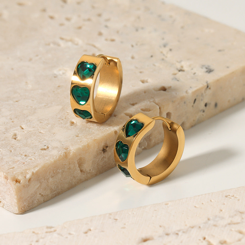 INS Style Heart-Shaped Green Zircon Inlaid Stainless Steel Hoop Earrings for Women with 18K Gold Plating