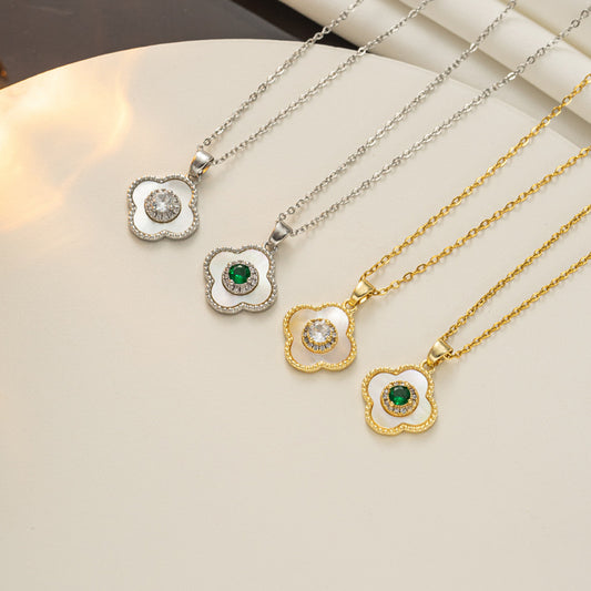 Elegant Four-Leaf Clover Pendant Necklace for Women in Titanium Steel with Rhinestone Inlay and Polished Finish on Wavy Chain