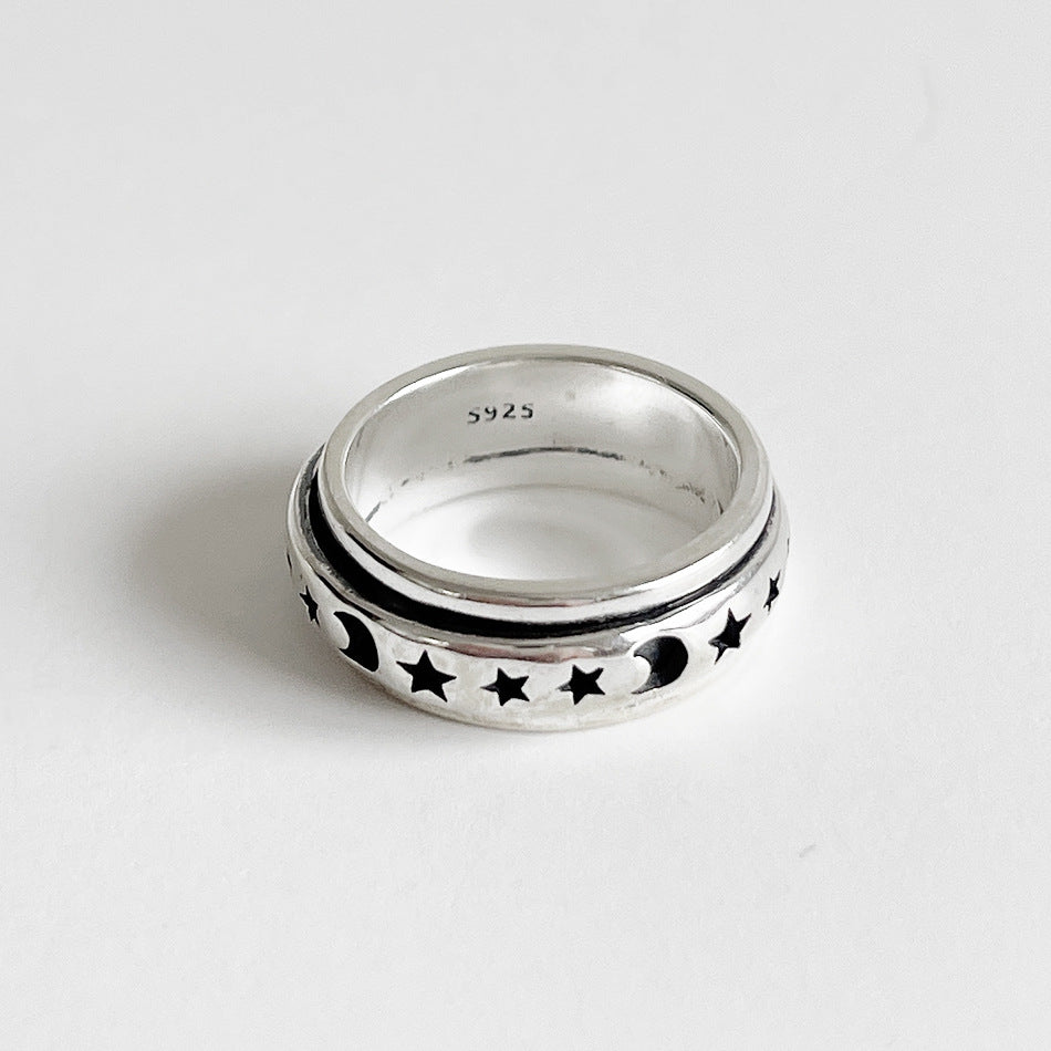 Vintage 925 Sterling Silver Geometric Rotating Star and Moon Ring