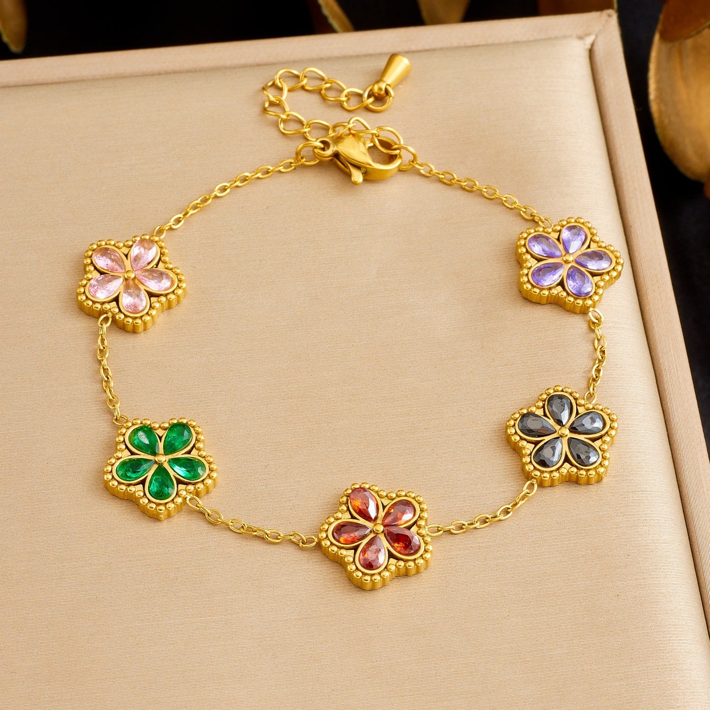Sweet Gold Plated Stainless Steel Floral Cubic Zirconia Bracelet
