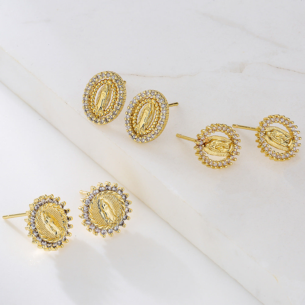 Exotic Vintage Geometric Stud Earrings for Women Made of Copper with 18K Gold Plating and Zircon Inlay