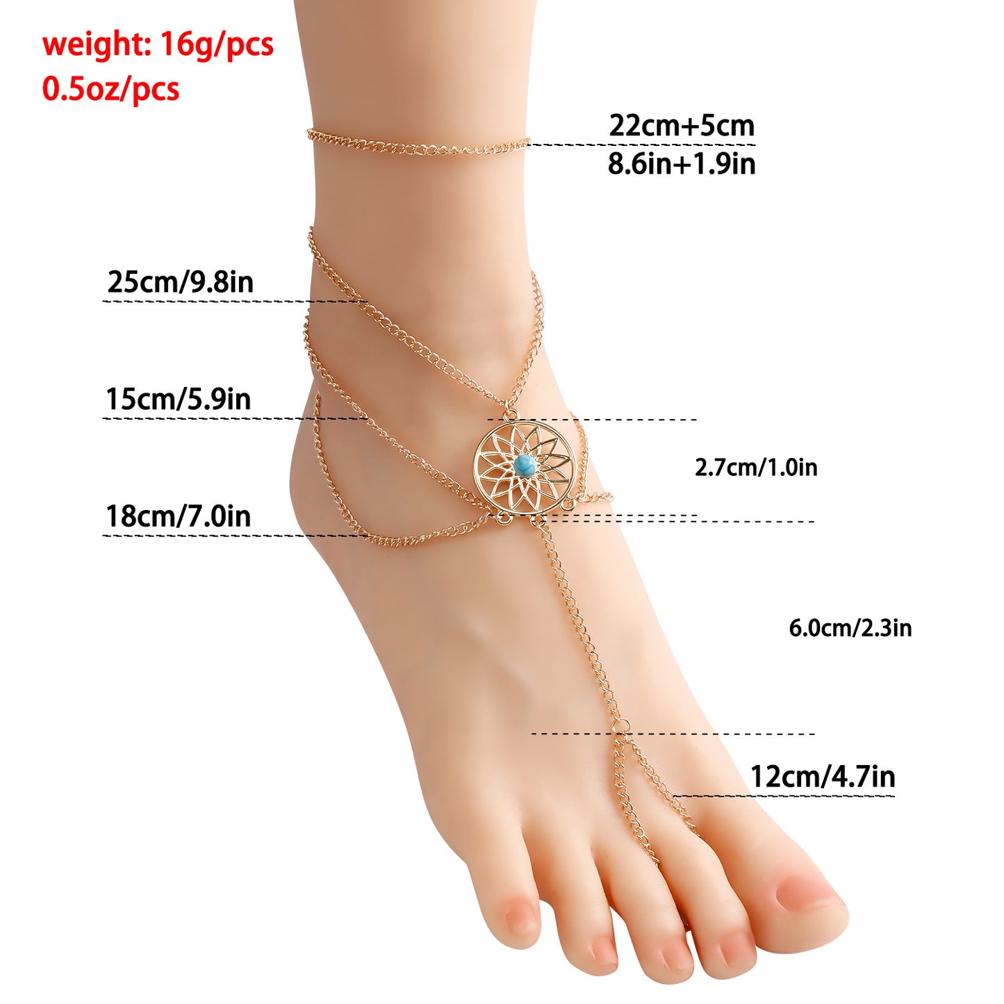 Cavigliera geometrica a nappa da donna in lega multistrato, gioielli per i piedi in stile etnico per vacanze al mare