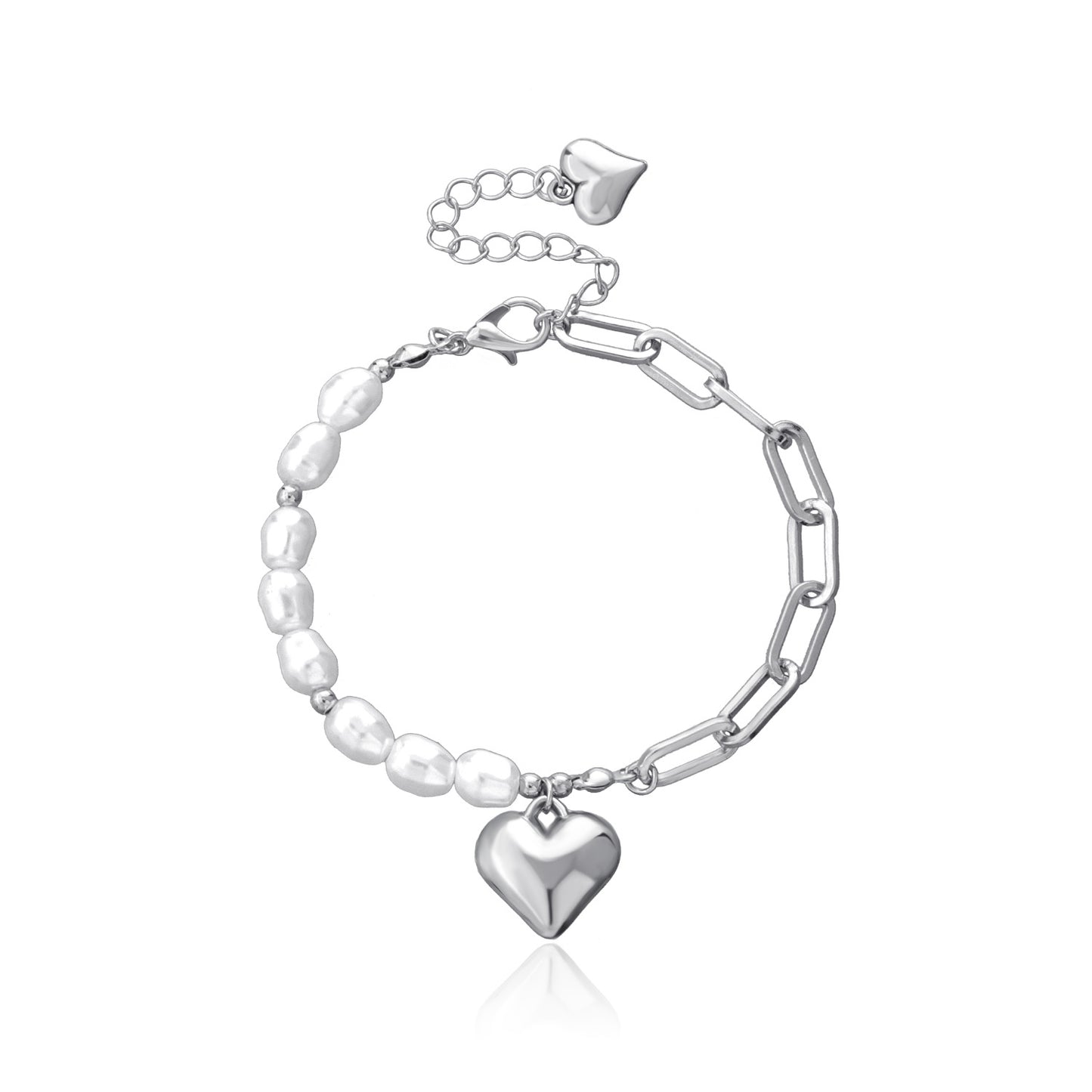 Fashion 3D Heart Pendant Bracelet for Women Alloy with Plating Finish Pearl-Embellished Small-Link Chain