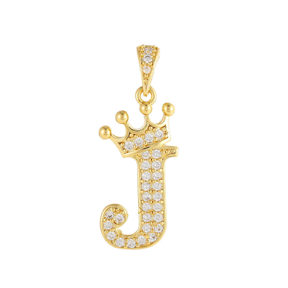 Gold Plated Brass Crown Letter Charm Bar with Cubic Zirconia for DIY Necklace Bracelet