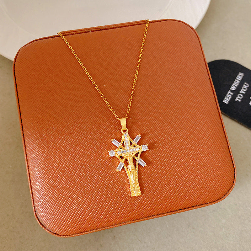 Sporty Sweet 18K Gold Plated Cross Titanium Steel Necklace with Cubic Zirconia for Women