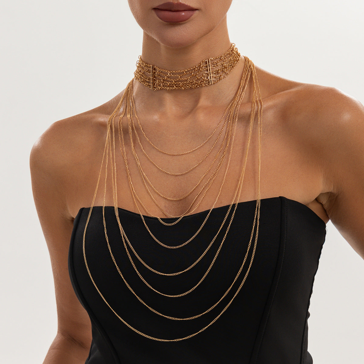 Exaggerated Luxury Geometric Plated Iron Multi-Layer Tassel Necklace for Women