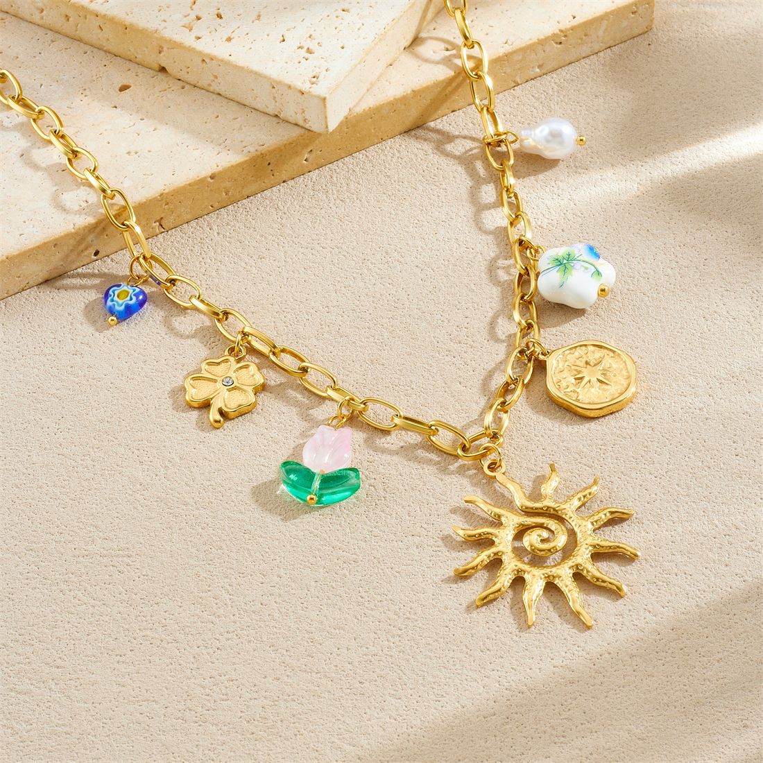 Vintage Chic Gold Plated Stainless Steel Heart Floral Cross Square Pendant Necklace for Women