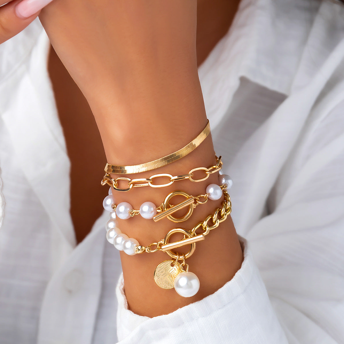 Retro Geometric Alloy Bracelet Set with Cross Chain and Tassel Accents for Women