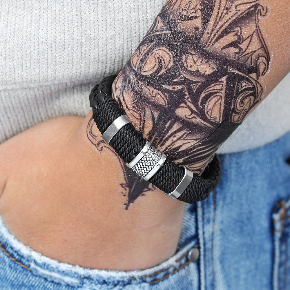 Hip-hop Round Leather Handmade Braided Multi-layer Bracelet with Magnetic Clasp