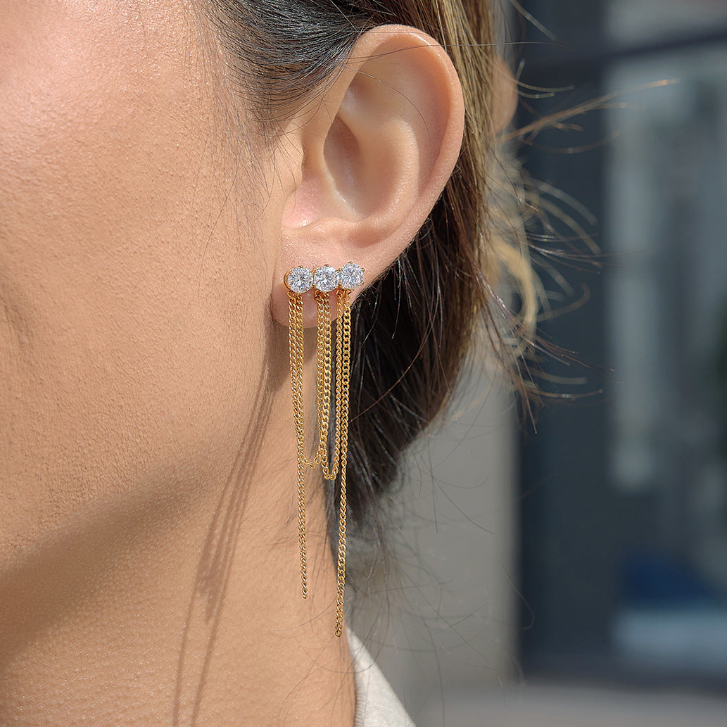 Orecchini da donna geometrici, eleganti, placcati in acciaio inossidabile, con zirconi cubici e nappe