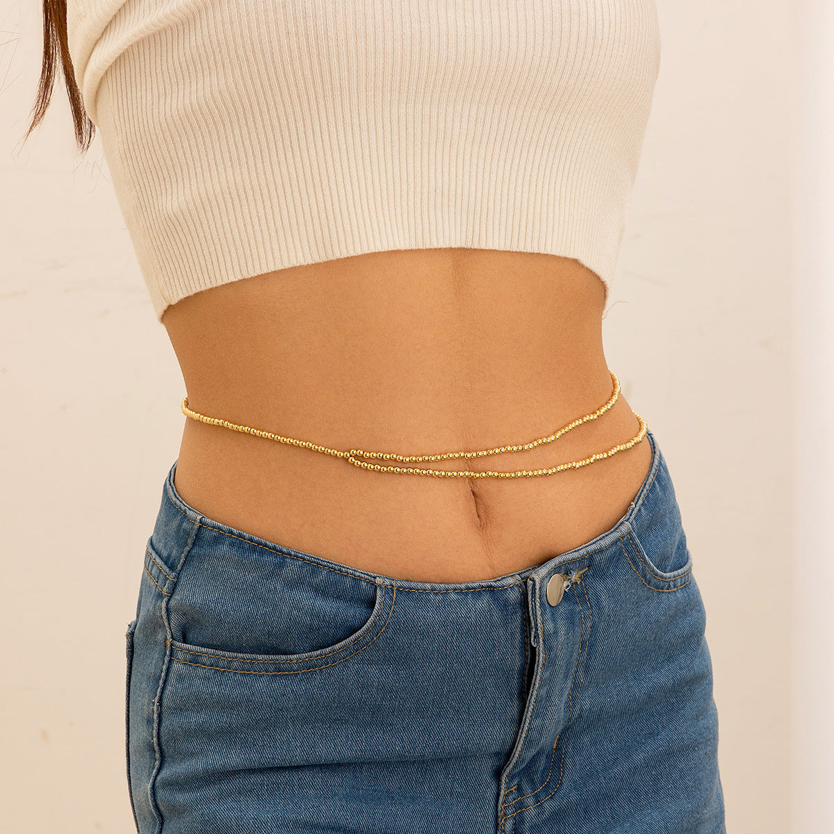 Cadena Corporal Minimalista de Doble Capa para Mujer con Cuentas de Perlas de Imitación y Diseño de Bolas Redondas de Metal