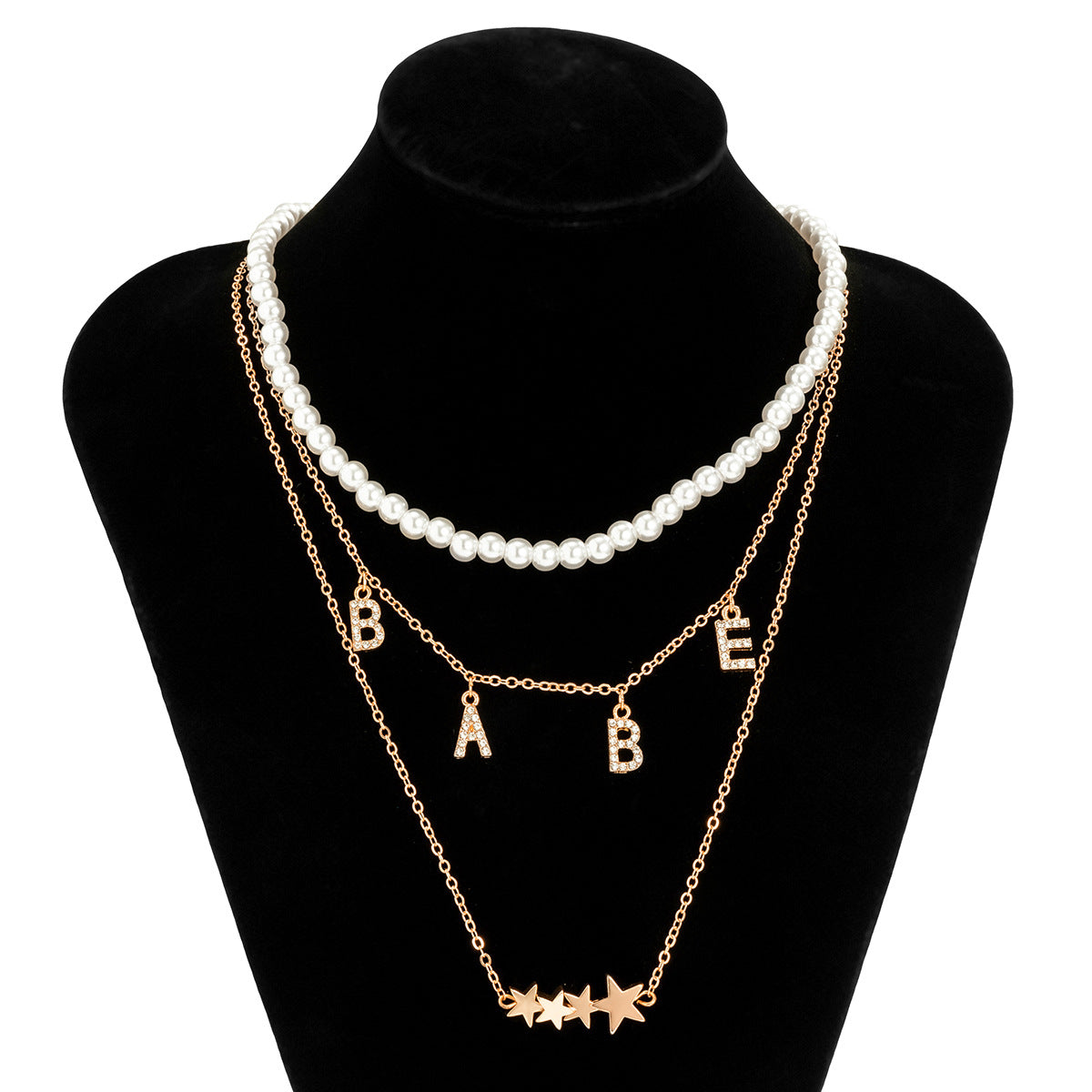 Collana da donna personalizzata con nappa a forma di stella geometrica, lettera e strass, perle sintetiche e catena di perline