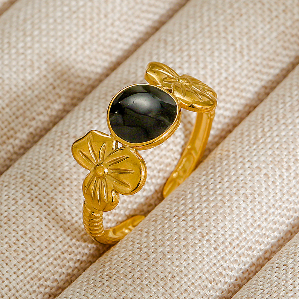 Vintage INS Style Stainless Steel Adjustable Ring with Natural Stone Inlay in Geometric Heart Zodiac and Animal Shapes