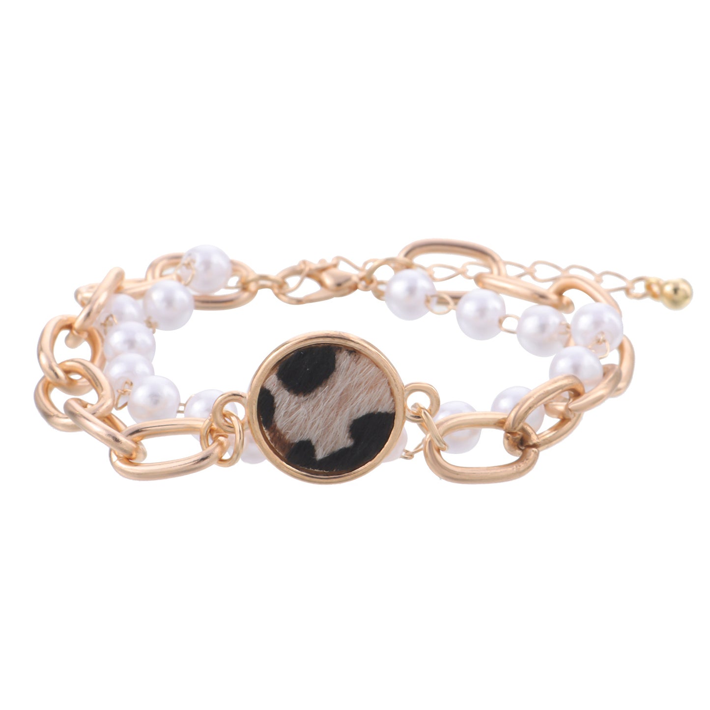 Geometric Leopard Print Round Disc Bracelet for Women with Alloy Base and Electroplated Finish Featuring White Pearl and Bamboo-Joint Chain