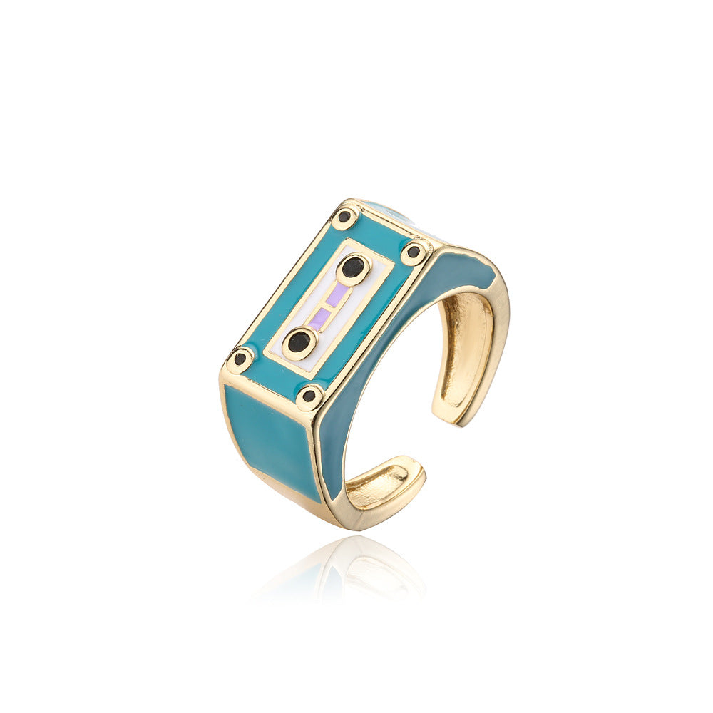 Anello aperto regolabile a forma di robot in stile punk in rame con micro incastonatura a pavé