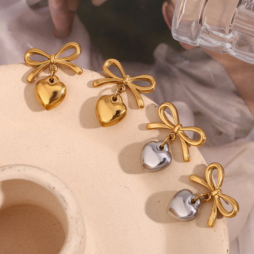 Orecchini da Donna in Acciaio Inossidabile con Fiocco e Cuore, Placcati Oro 18K, alla Moda