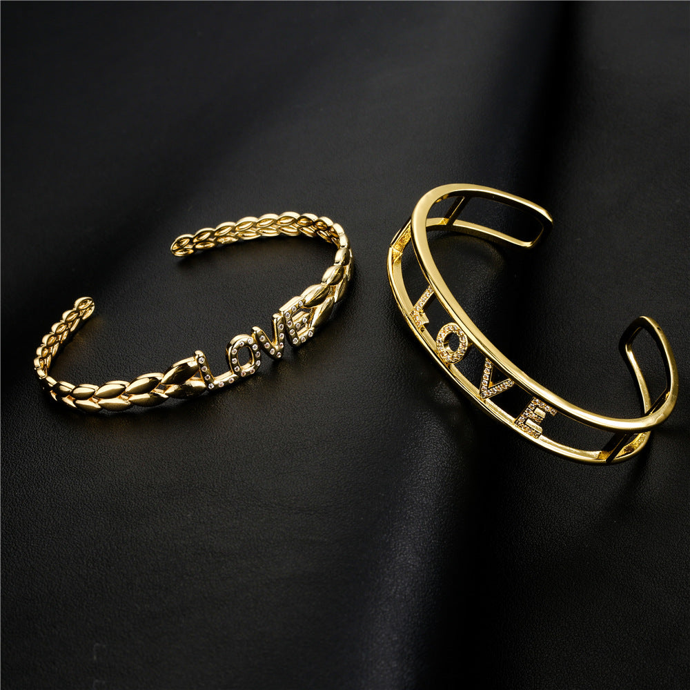 Minimalist Gold Plated Brass Micro-Inlaid Cubic Zirconia LOVE Letter Cuff Bracelet for Women