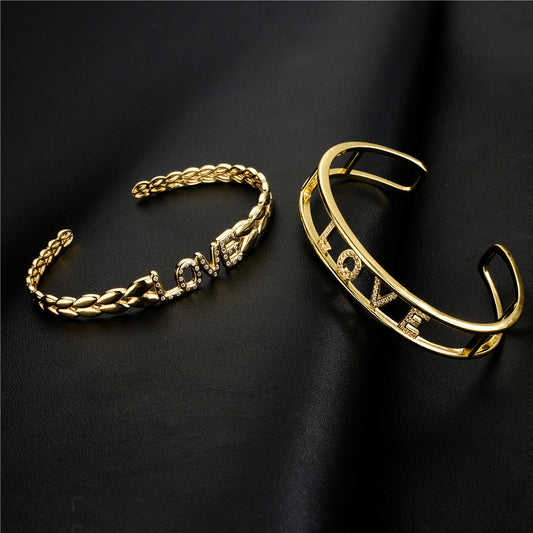 Minimalist Gold Plated Brass Micro-Inlaid Cubic Zirconia LOVE Letter Cuff Bracelet for Women