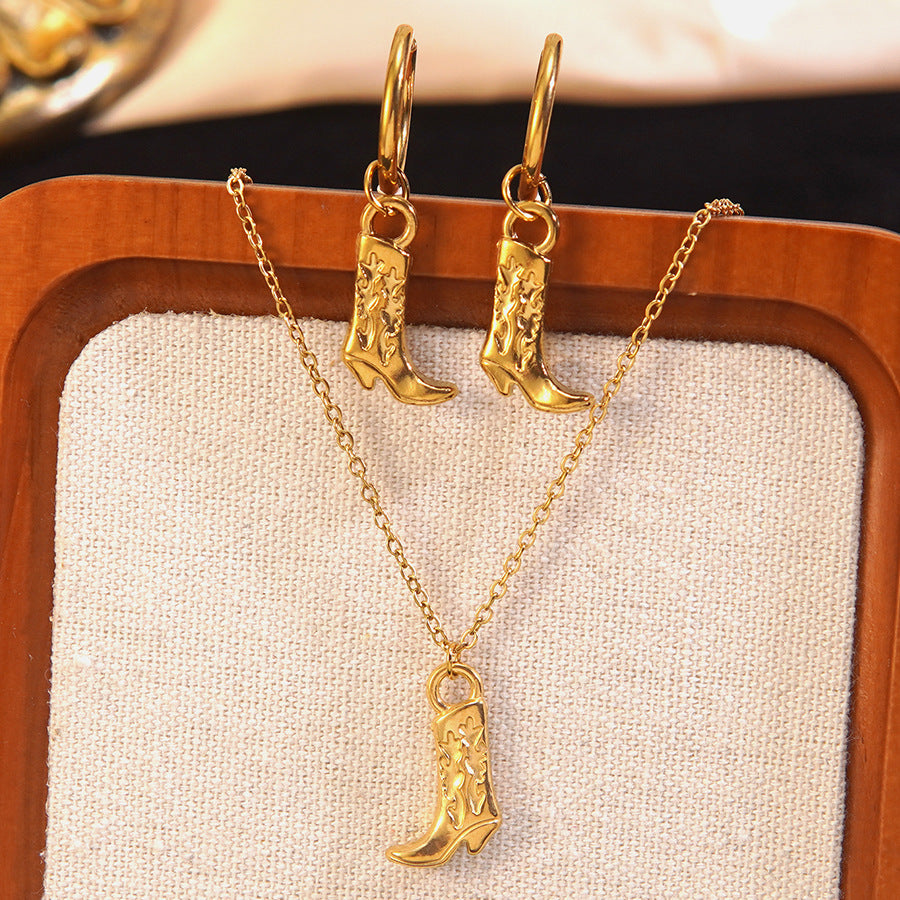 Vintage Western Boots Pattern Stainless Steel Plated Necklace and Earring Set for Women