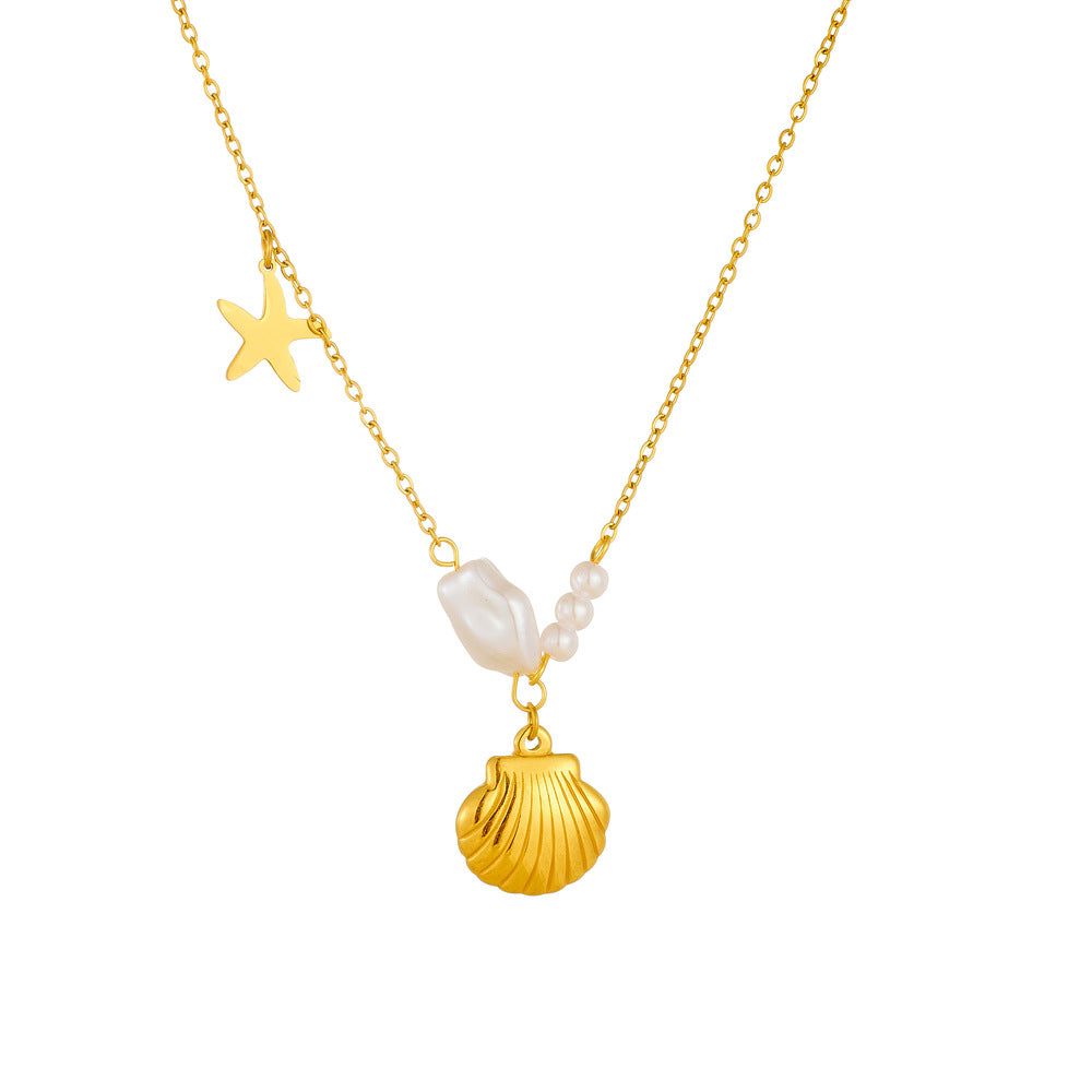 Collar Minimalista de Estrella de Mar y Concha Irregular en Acero Inoxidable con Baño de Oro en Cadena O para Mujer