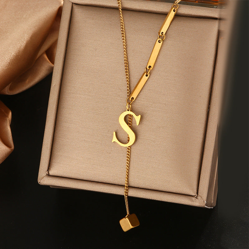 Minimalist Titanium Steel Letter Pendant Necklace with Tassel for Women