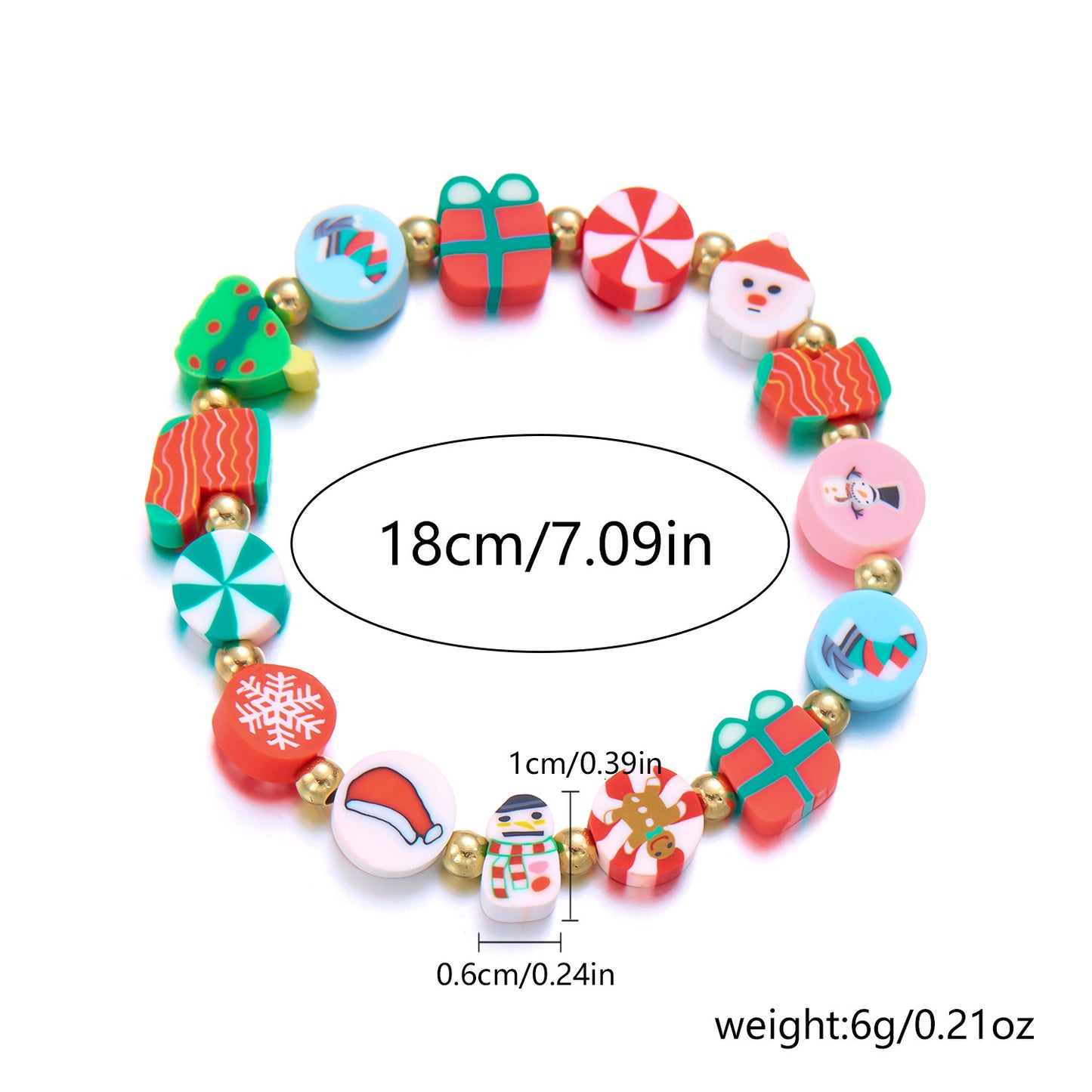 Pulsera navideña hecha a mano de arcilla polimérica para mujer con dijes de copo de nieve y Papá Noel. Joyería festiva para las fiestas.