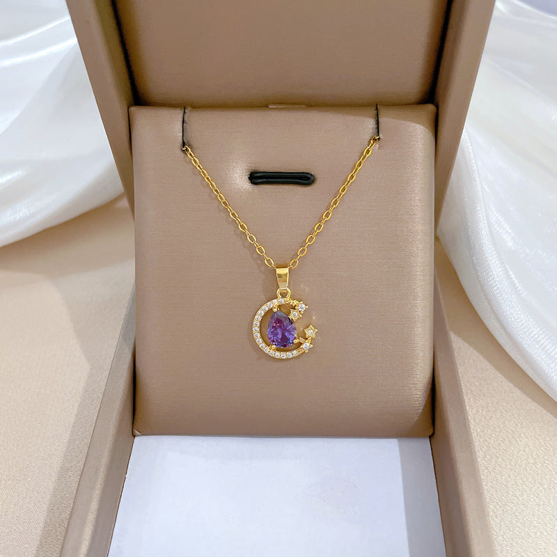 Minimalist Moon-Shaped Pendant Necklace in Titanium Steel with Rhinestone Inlay for Women and Men