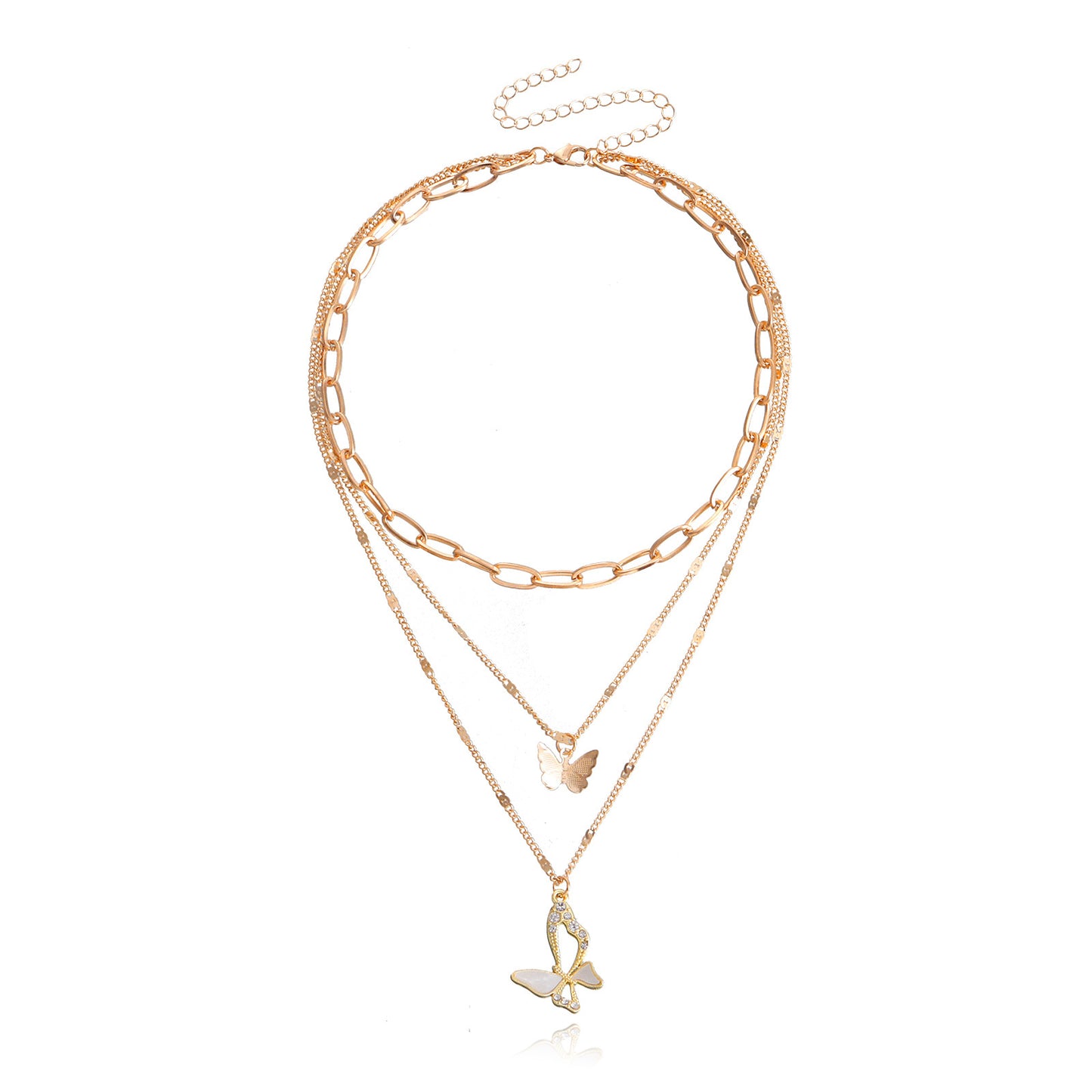 Minimalist Butterfly Pendant Necklace with Mother-of-Pearl Inlay and Rhinestone Accents on Electroplated Alloy Chain
