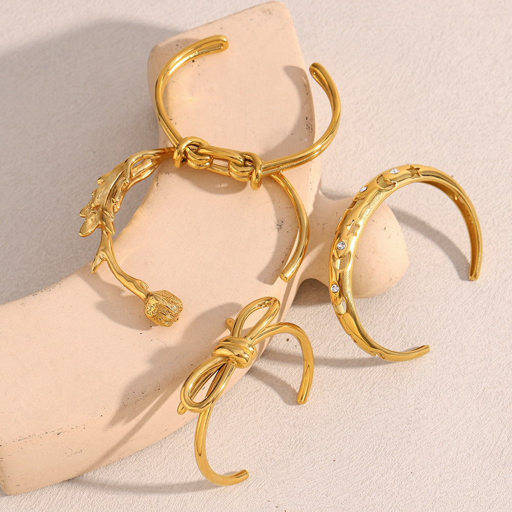 Bracciale alla moda minimalista con farfalla fiocco stella luna vuota fiore in acciaio inossidabile placcato oro 18K