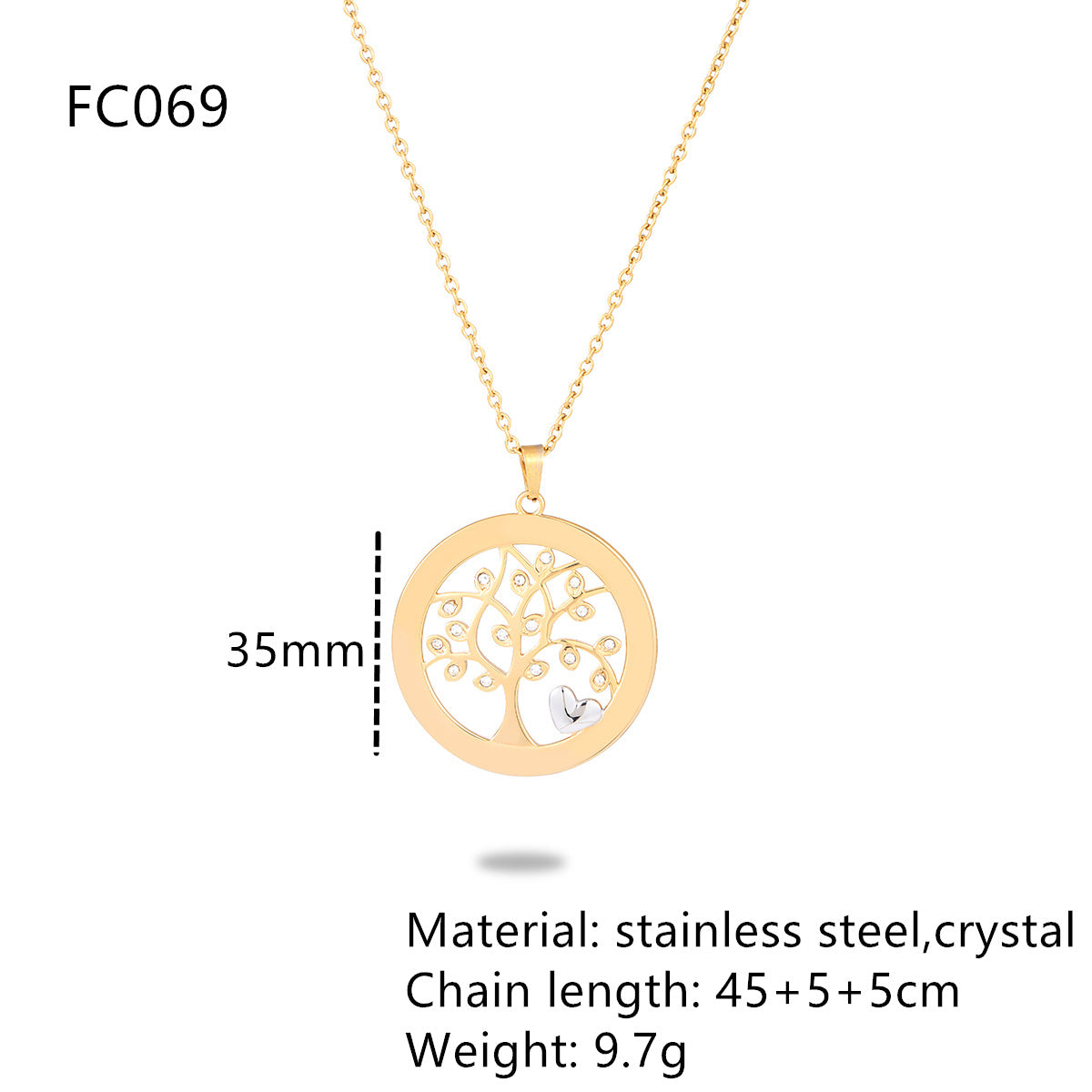 Collana con ciondolo a cuore Albero della Vita minimalista da donna in acciaio al titanio con intarsio di strass e finitura placcata