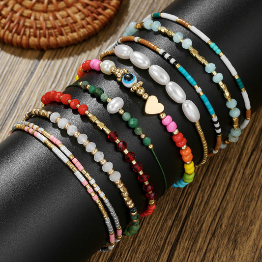 Handmade Geometric Heart Glass Bead and Pearl Bracelet for Women