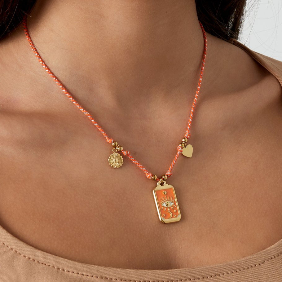 Vintage Geometric Evil Eye Tarot Pendant Necklace in Plated Copper with Colorful Enamel Detail for Women