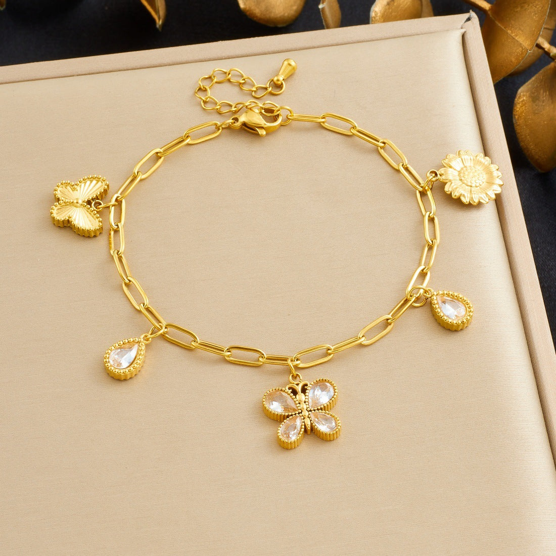 Gold Plated Rhinestone Butterfly Teardrop Pendant Stainless Steel Curb Chain Jewelry Set for Women