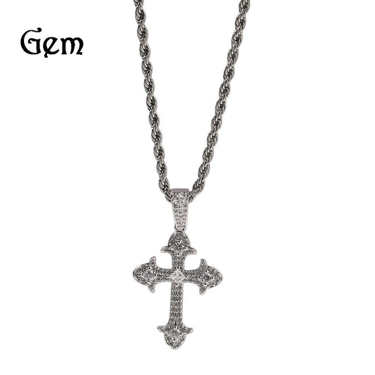 Collar de latón con incrustaciones de circonita cúbica en forma de cruz geométrica estilo Hip-hop para hombre