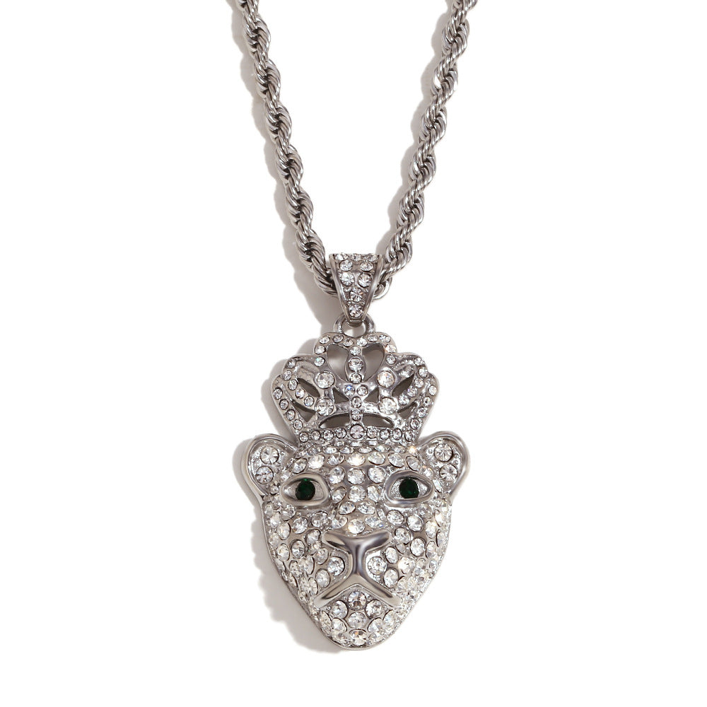 Hip Hop Style Monkey Pendant Necklace for Men Stainless Steel with 18K Gold Plating and Full Rhinestone Crown Design on Twisted Chain